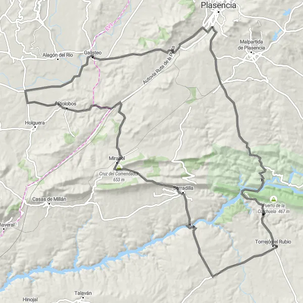 Miniatua del mapa de inspiración ciclista "Ruta de carretera a través de impresionantes paisajes naturales" en Extremadura, Spain. Generado por Tarmacs.app planificador de rutas ciclistas