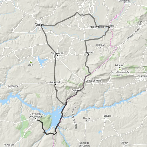 Miniatua del mapa de inspiración ciclista "Aventura en bicicleta a través de valles y pueblos de Extremadura" en Extremadura, Spain. Generado por Tarmacs.app planificador de rutas ciclistas