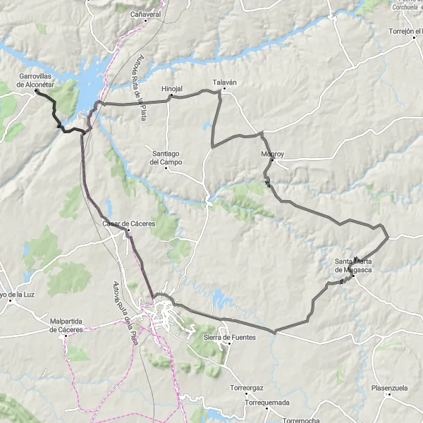 Miniatuurkaart van de fietsinspiratie "Garrovillas de Alconétar naar Convento de San Antonio de Padua Wegenroute" in Extremadura, Spain. Gemaakt door de Tarmacs.app fietsrouteplanner