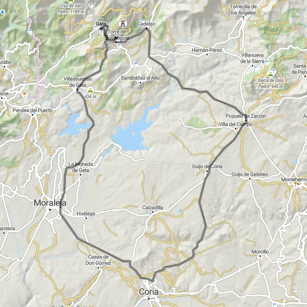 Map miniature of "Rural Road Adventure" cycling inspiration in Extremadura, Spain. Generated by Tarmacs.app cycling route planner