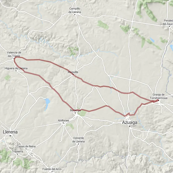 Miniatua del mapa de inspiración ciclista "Ruta escénica hacia Valencia de las Torres y Berlanga en Gravel" en Extremadura, Spain. Generado por Tarmacs.app planificador de rutas ciclistas