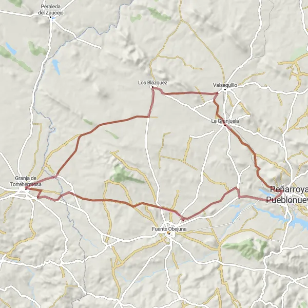 Map miniature of "The La Granjuela Loop" cycling inspiration in Extremadura, Spain. Generated by Tarmacs.app cycling route planner