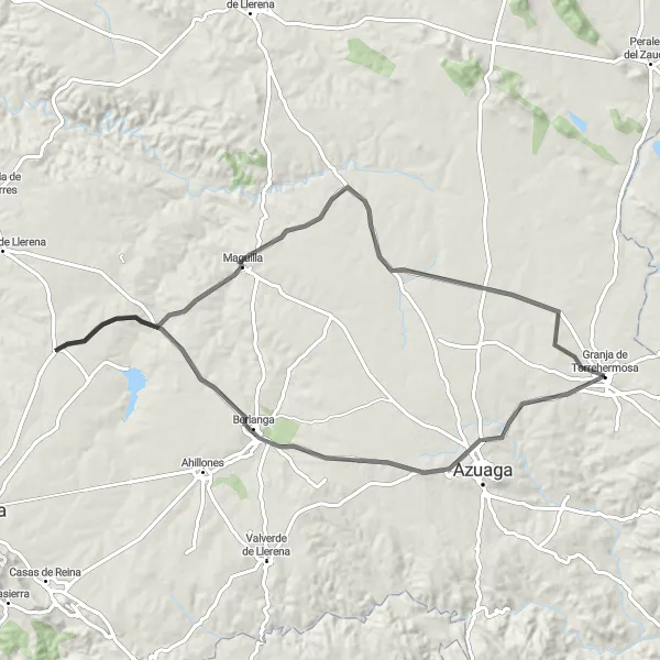 Miniatuurkaart van de fietsinspiratie "Rondrit vanuit Granja de Torrehermosa via Berlanga en Maguilla" in Extremadura, Spain. Gemaakt door de Tarmacs.app fietsrouteplanner