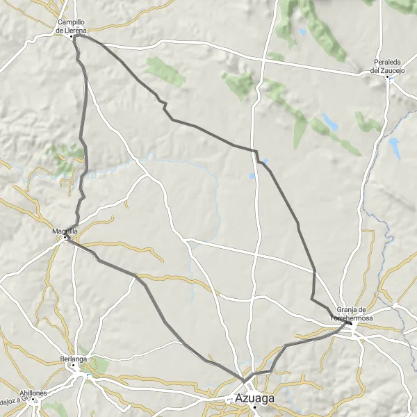Map miniature of "The Llerena Loop" cycling inspiration in Extremadura, Spain. Generated by Tarmacs.app cycling route planner