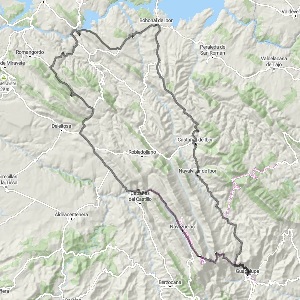Miniatura mapy "Eksploracja uroków Extremadury na szosie" - trasy rowerowej w Extremadura, Spain. Wygenerowane przez planer tras rowerowych Tarmacs.app