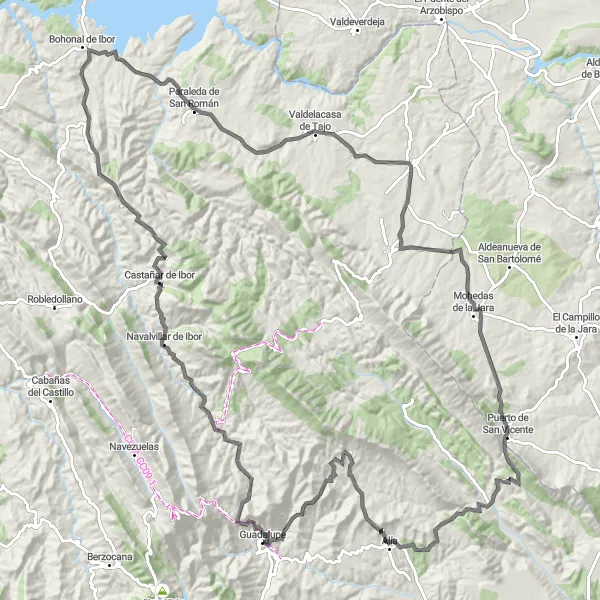 Miniaturekort af cykelinspirationen "Højdepunkter på cykelturen fra Guadalupe til Arco de las Eras" i Extremadura, Spain. Genereret af Tarmacs.app cykelruteplanlægger