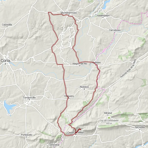 Map miniature of "Guijo de Galisteo and Surrounding Villages Gravel Ride" cycling inspiration in Extremadura, Spain. Generated by Tarmacs.app cycling route planner
