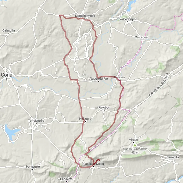 Miniatuurkaart van de fietsinspiratie "Gravelroute door het platteland van Extremadura" in Extremadura, Spain. Gemaakt door de Tarmacs.app fietsrouteplanner