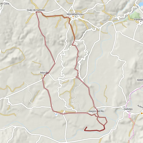 Map miniature of "Montehermoso gravel adventure" cycling inspiration in Extremadura, Spain. Generated by Tarmacs.app cycling route planner