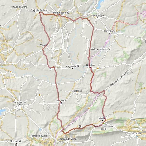 Map miniature of "Guijo de Galisteo and Hilltop Castles Gravel Ride" cycling inspiration in Extremadura, Spain. Generated by Tarmacs.app cycling route planner