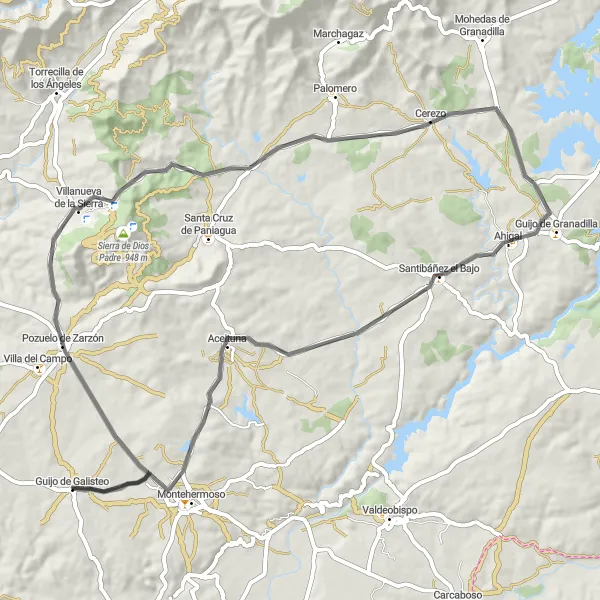 Miniatua del mapa de inspiración ciclista "Ruta de los bosques y ríos" en Extremadura, Spain. Generado por Tarmacs.app planificador de rutas ciclistas