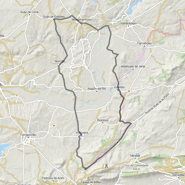 Map miniature of "Guijo de Galisteo and Hidden Gems Road Ride" cycling inspiration in Extremadura, Spain. Generated by Tarmacs.app cycling route planner