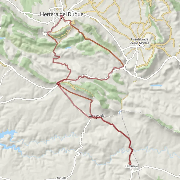 Miniatua del mapa de inspiración ciclista "Ruta en bici de gravel desde Herrera del Duque hasta Castillo de Herrera del Duque (71 km, 1.084 m de ascenso)" en Extremadura, Spain. Generado por Tarmacs.app planificador de rutas ciclistas