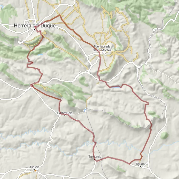 Miniatua del mapa de inspiración ciclista "Ruta de ciclismo de gravilla cerca de Herrera del Duque" en Extremadura, Spain. Generado por Tarmacs.app planificador de rutas ciclistas