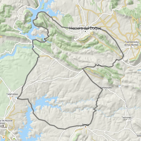 Map miniature of "Castle Circuit Road Loop" cycling inspiration in Extremadura, Spain. Generated by Tarmacs.app cycling route planner