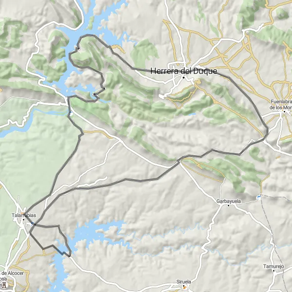 Miniatua del mapa de inspiración ciclista "Ruta en bici de carretera desde Herrera del Duque hasta Talarrubias (93 km, 925 m de ascenso)" en Extremadura, Spain. Generado por Tarmacs.app planificador de rutas ciclistas