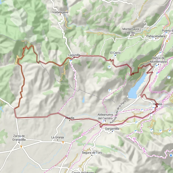 Map miniature of "Hervás - Mirador El Calvario - Abadía - Lagunilla - El Cerro - Vía Verde" cycling inspiration in Extremadura, Spain. Generated by Tarmacs.app cycling route planner