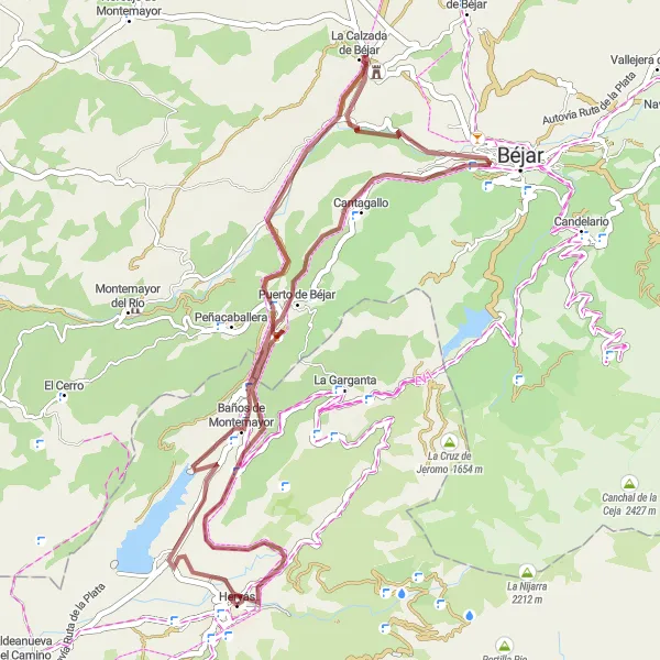 Map miniature of "Hervás - Puente de Hierro - Vía Verde - La Calzada de Béjar - Baños de Montemayor - Casa del Miedo" cycling inspiration in Extremadura, Spain. Generated by Tarmacs.app cycling route planner