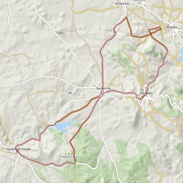 Miniatura mapy "Przygoda na Wyjątkowych Szlakach Gravelowych w Higuera de Vargas" - trasy rowerowej w Extremadura, Spain. Wygenerowane przez planer tras rowerowych Tarmacs.app