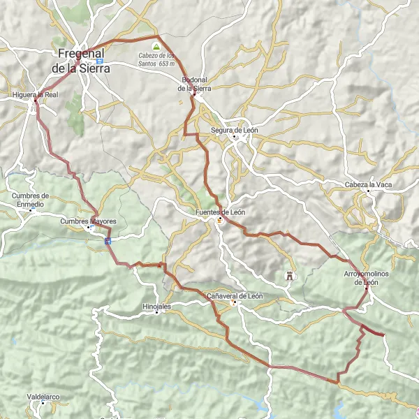Miniatua del mapa de inspiración ciclista "Ruta Escénica a Castillo de Sancho IV El Bravo" en Extremadura, Spain. Generado por Tarmacs.app planificador de rutas ciclistas