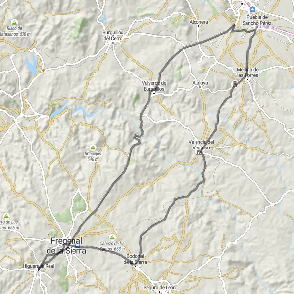 Miniatua del mapa de inspiración ciclista "Ruta al Castillo de Medina de las Torres" en Extremadura, Spain. Generado por Tarmacs.app planificador de rutas ciclistas