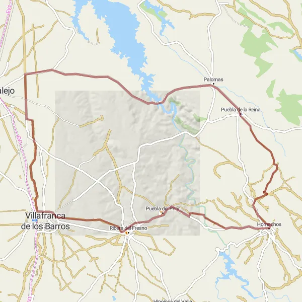 Miniatua del mapa de inspiración ciclista "Ruta de Hornachos y alrededores" en Extremadura, Spain. Generado por Tarmacs.app planificador de rutas ciclistas