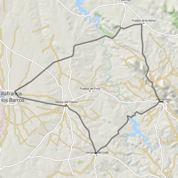 Map miniature of "Hornachos to Hinojosa del Valle Loop" cycling inspiration in Extremadura, Spain. Generated by Tarmacs.app cycling route planner