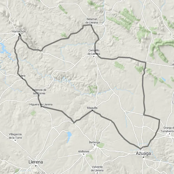 Miniatua del mapa de inspiración ciclista "Gran recorrido por los alrededores de Hornachos" en Extremadura, Spain. Generado por Tarmacs.app planificador de rutas ciclistas