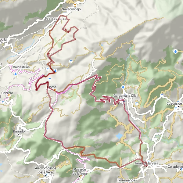 Miniatua del mapa de inspiración ciclista "Ruta en bicicleta de gravilla por los alrededores de Jaraíz de la Vera" en Extremadura, Spain. Generado por Tarmacs.app planificador de rutas ciclistas