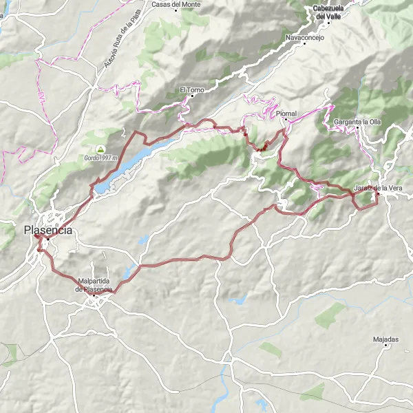 Map miniature of "The Torremenga and Jaraíz de la Vera Gravel Route" cycling inspiration in Extremadura, Spain. Generated by Tarmacs.app cycling route planner