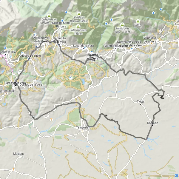 Map miniature of "Aldeanueva de la Vera and Robledillo de la Vera Loop" cycling inspiration in Extremadura, Spain. Generated by Tarmacs.app cycling route planner