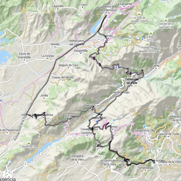 Miniatua del mapa de inspiración ciclista "Ruta de ciclismo de carretera en Jaraíz de la Vera" en Extremadura, Spain. Generado por Tarmacs.app planificador de rutas ciclistas