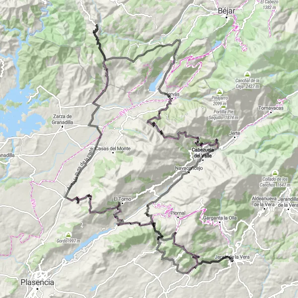 Miniaturekort af cykelinspirationen "Vera til Pasarón de la Vera til Cabezabellosa til Jaraíz de la Vera" i Extremadura, Spain. Genereret af Tarmacs.app cykelruteplanlægger