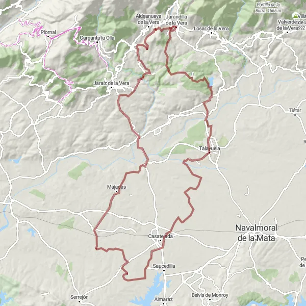 Miniatua del mapa de inspiración ciclista "Ruta en bicicleta de gravel cerca de Jarandilla de la Vera" en Extremadura, Spain. Generado por Tarmacs.app planificador de rutas ciclistas
