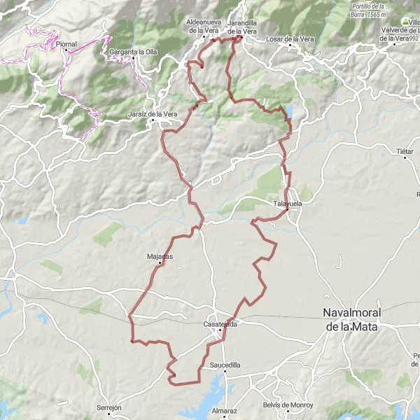 Map miniature of "Off-Road Adventure in La Vera" cycling inspiration in Extremadura, Spain. Generated by Tarmacs.app cycling route planner