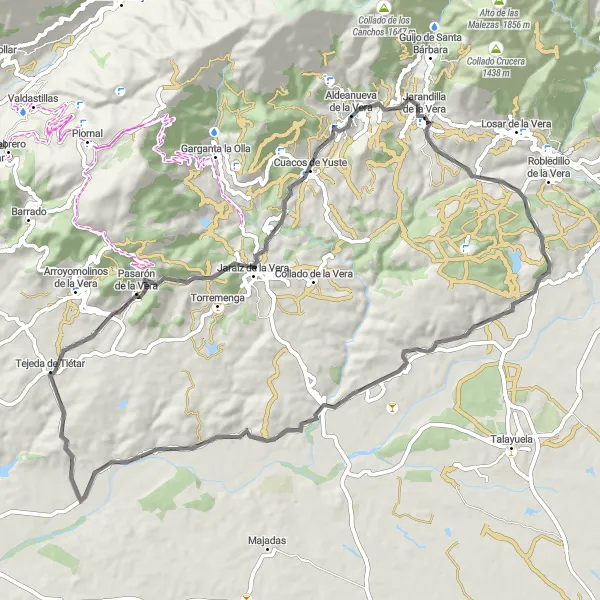 Miniatuurkaart van de fietsinspiratie "Route vanuit Jarandilla de la Vera naar Hospital San Juan Bautista, Tejeda de Tiétar en Aldeanueva de la Vera" in Extremadura, Spain. Gemaakt door de Tarmacs.app fietsrouteplanner