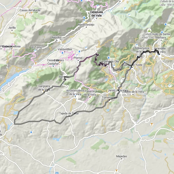 Miniatuurkaart van de fietsinspiratie "Route vanuit Jarandilla de la Vera naar Jaraíz de la Vera, Tejeda de Tiétar, Gargüera de la Vera, Piornal, Garganta la Olla, Mirador de la Serrana en Aldeanueva de la Vera" in Extremadura, Spain. Gemaakt door de Tarmacs.app fietsrouteplanner