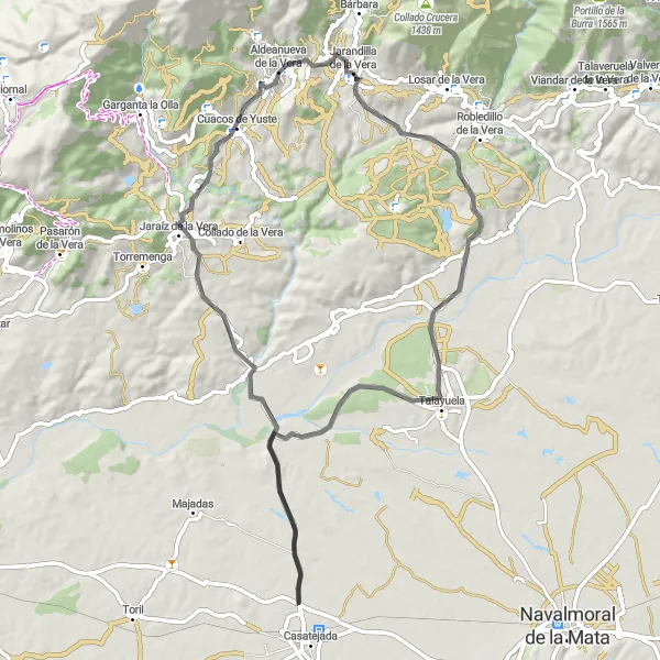 Miniatua del mapa de inspiración ciclista "Ruta en bicicleta por carretera cerca de Jarandilla de la Vera" en Extremadura, Spain. Generado por Tarmacs.app planificador de rutas ciclistas