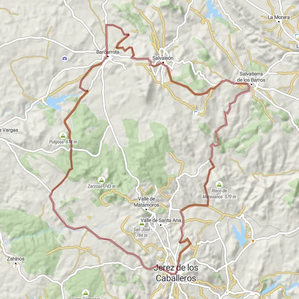 Miniatuurkaart van de fietsinspiratie "Rondrit van Jerez de los Caballeros naar El Cabezo en terug" in Extremadura, Spain. Gemaakt door de Tarmacs.app fietsrouteplanner