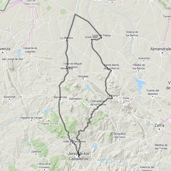 Miniatua del mapa de inspiración ciclista "Ruta ciclista Jerez de los Caballeros - Valle de Santa Ana" en Extremadura, Spain. Generado por Tarmacs.app planificador de rutas ciclistas