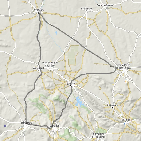 Map miniature of "Albuera and Miranete de Santa Justa Road Route" cycling inspiration in Extremadura, Spain. Generated by Tarmacs.app cycling route planner