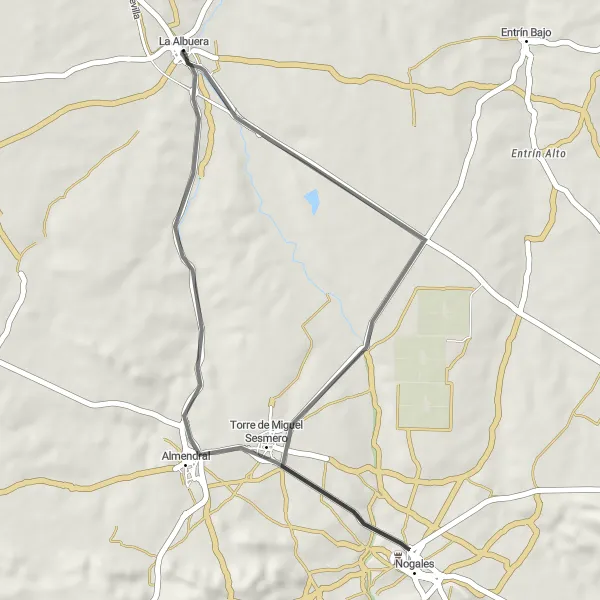 Map miniature of "Castillo de Nogales and Mirador de la Barranca Road Route" cycling inspiration in Extremadura, Spain. Generated by Tarmacs.app cycling route planner