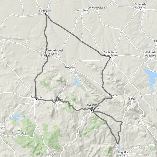 Map miniature of "Albuera and Salvatierra de los Barros Road Route" cycling inspiration in Extremadura, Spain. Generated by Tarmacs.app cycling route planner