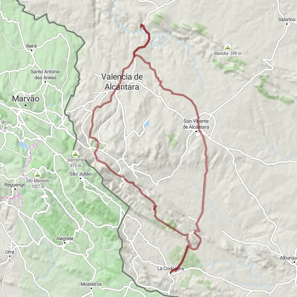 Miniatua del mapa de inspiración ciclista "Ruta de grava de La Codosera" en Extremadura, Spain. Generado por Tarmacs.app planificador de rutas ciclistas