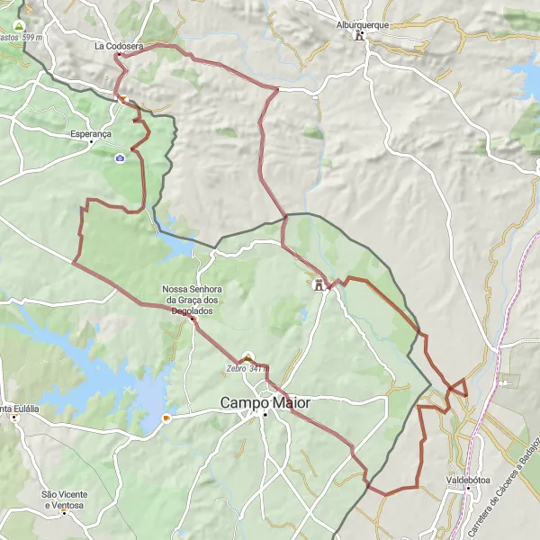 Miniatua del mapa de inspiración ciclista "Ruta en bicicleta de gravilla desde La Codosera" en Extremadura, Spain. Generado por Tarmacs.app planificador de rutas ciclistas