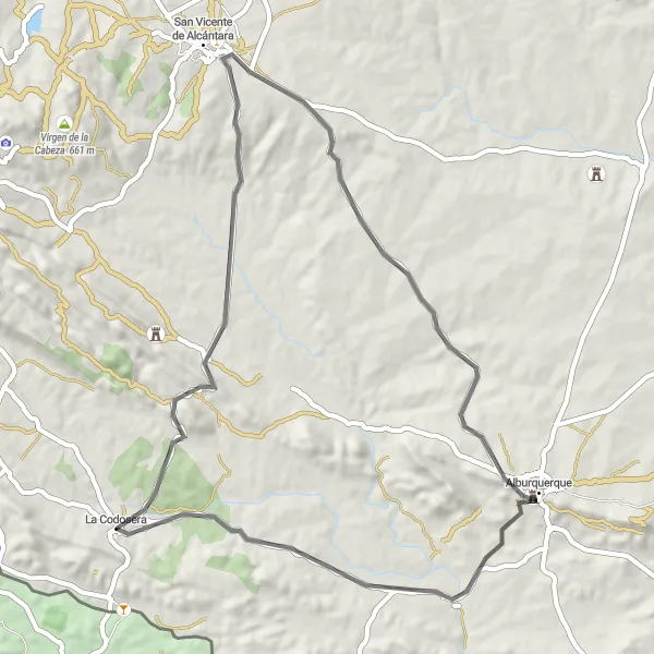 Miniatura mapy "Trasa rowerowa drogami szosowymi wokół La Codosera" - trasy rowerowej w Extremadura, Spain. Wygenerowane przez planer tras rowerowych Tarmacs.app