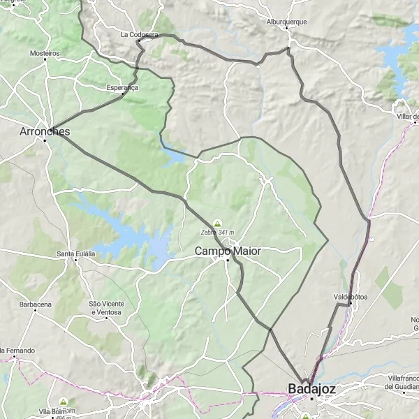 Miniatua del mapa de inspiración ciclista "Ruta en bicicleta de carretera desde La Codosera" en Extremadura, Spain. Generado por Tarmacs.app planificador de rutas ciclistas