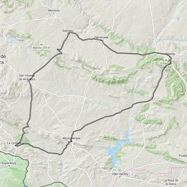 Miniatua del mapa de inspiración ciclista "Ruta en carretera desde La Codosera" en Extremadura, Spain. Generado por Tarmacs.app planificador de rutas ciclistas