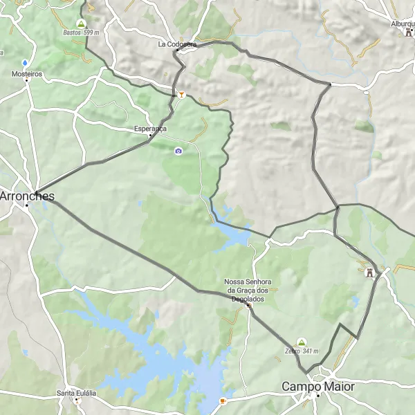 Miniatua del mapa de inspiración ciclista "Ruta en carretera desde La Codosera" en Extremadura, Spain. Generado por Tarmacs.app planificador de rutas ciclistas