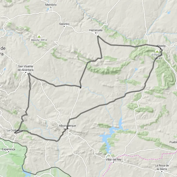 Miniatuurkaart van de fietsinspiratie "Challenging Road Cycling near La Codosera" in Extremadura, Spain. Gemaakt door de Tarmacs.app fietsrouteplanner